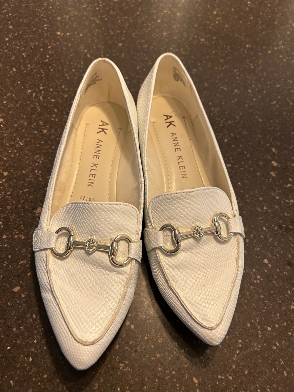 Anne Klein White Pointed-Toe Loafers with Metal Bit Detail